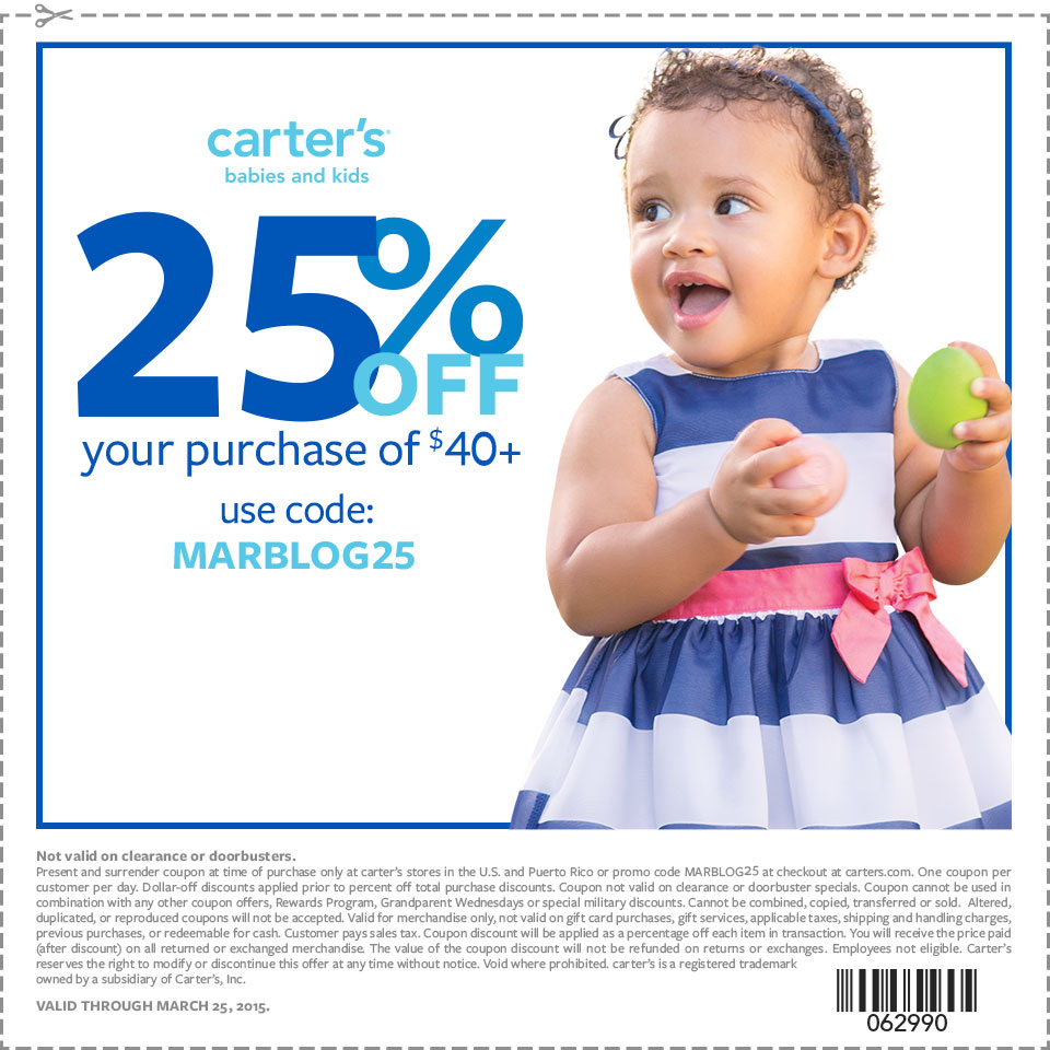 *Expired* Carter's Coupon 25 off 40+ purchase to SpringIntoCarters