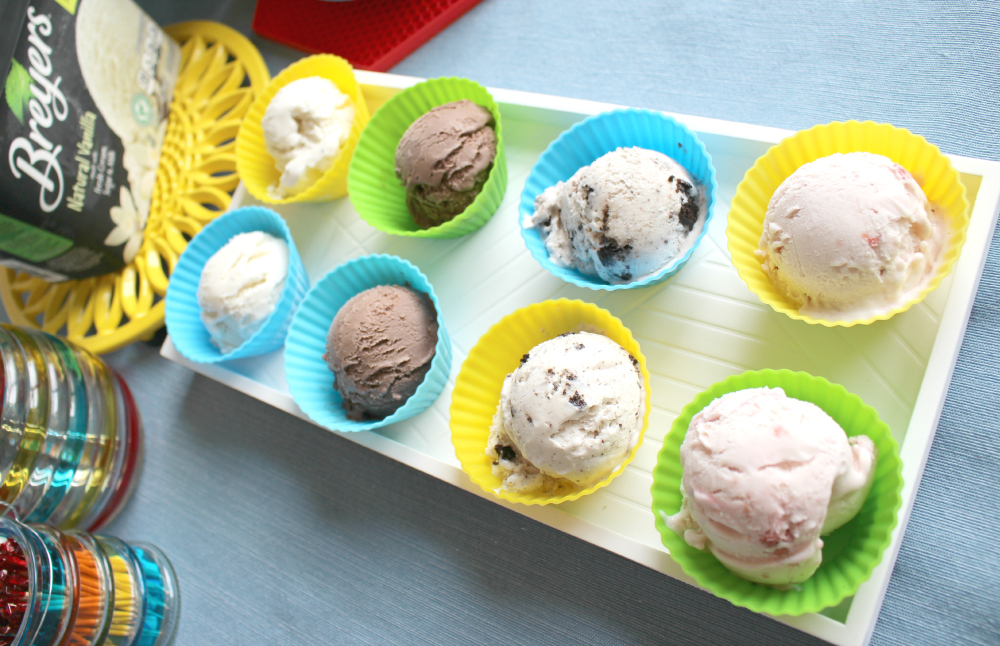 Ice Cream serving idea: ice cream scoops served in silicone baking cups on tray