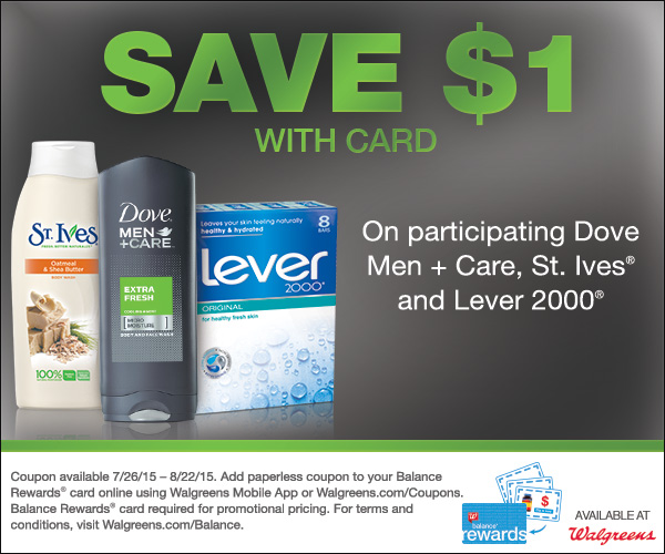 Walgreens Coupons for St. Ives, Dove Men+Care and Lever 2000