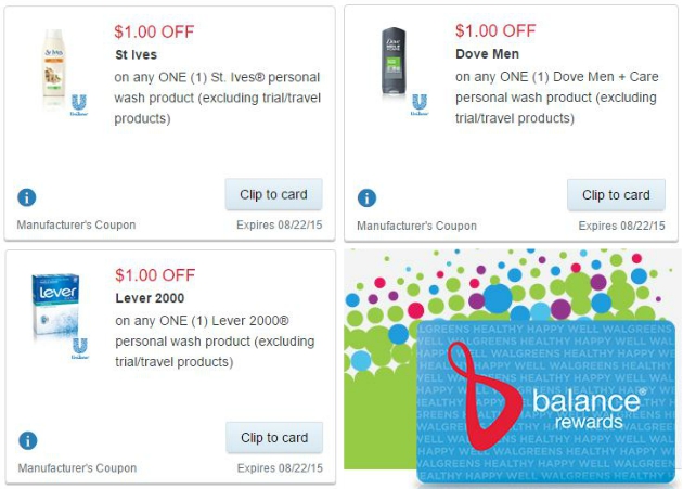 Walgreens Coupons for St. Ives®, Dove Men + Care and Lever 2000®