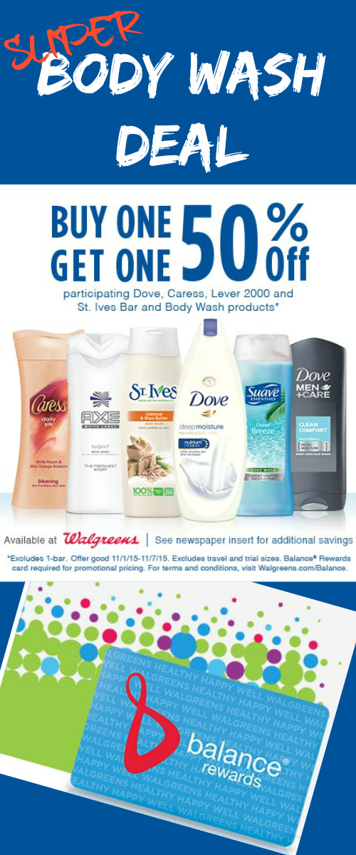 Walgreens Body Wash Deal: Buy One, Get One 50% off