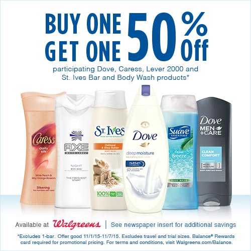Walgreens Body Wash Sale on Dove, Caress, Lever 2000 and St. Ives Bar and Body Wash