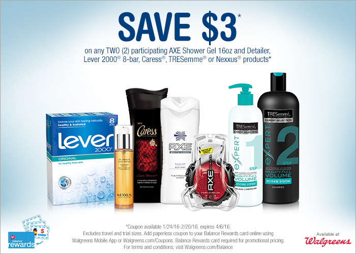 Save $3 on AXE®, Lever 2000®, Caress, TRESemmé or NEXXUS® at Walgreens
