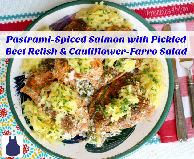 Pastrami-Spiced Salmon with Pickled Beet Relish & Cauliflower-Farro Salad