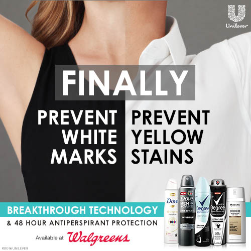 Finally Prevent White Marks and Prevent Yellow Stains with Breakthrough Technology & 48 Hour Antiperspirant Protection available at Walgreens