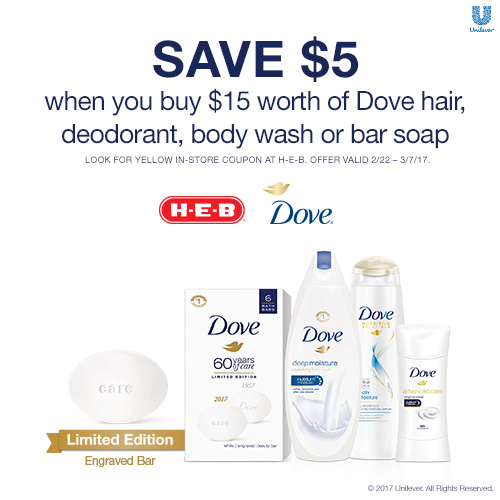 H-E-B Deal: $5 off $15 of Dove & Win an H-E-B Gift Card