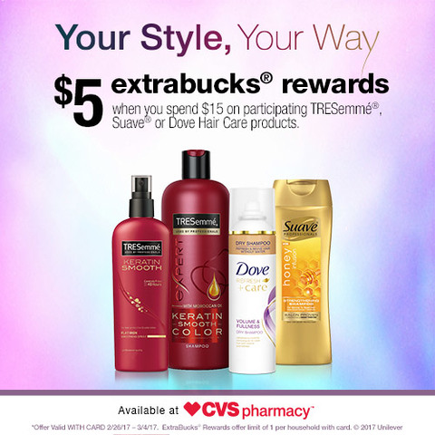Get $5 Extrabucks Rewards when you spend $15 on participating TRESemme, Suave or Dove Hair Care products at CVS