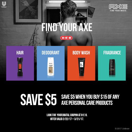 Save $5 off $15 on AXE® at H-E-B